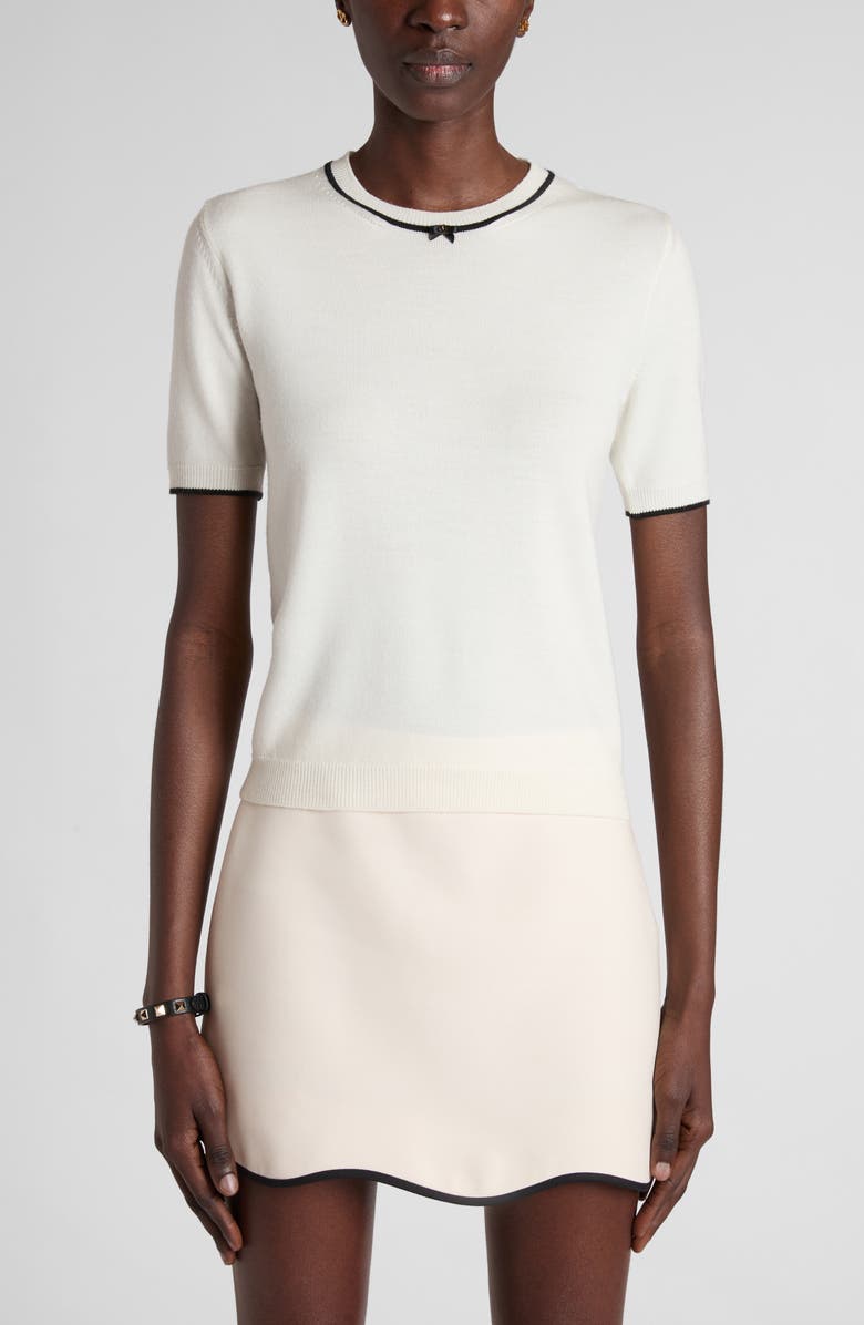 Valentino Garavani Tipped V-Detail Short Sleeve Wool Sweater, Main, color, Ivory/ Black