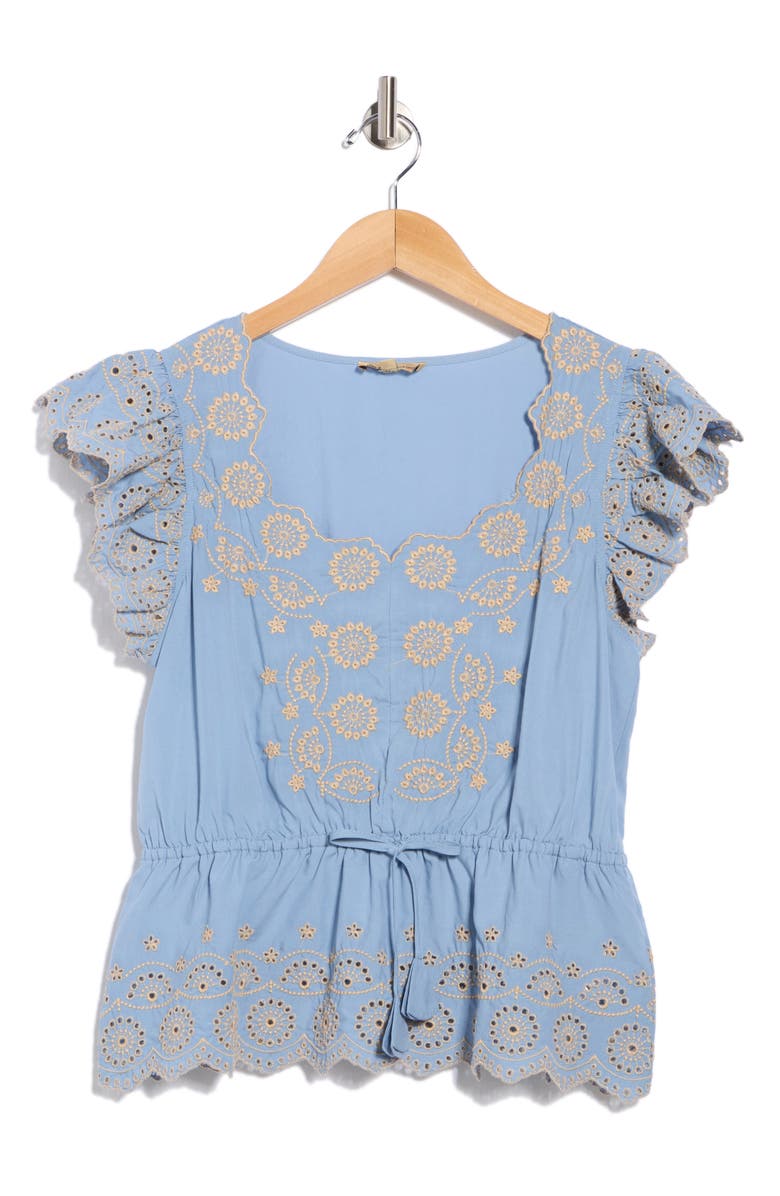 Democracy Embroidered Peplum Ruffle Sleeve Top, Alternate, color, Chambray Blue/ Khaki