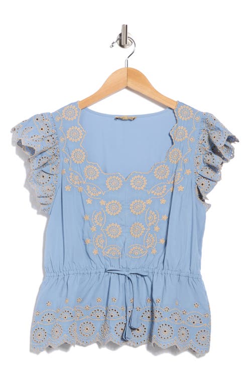 Democracy Embroidered Eyelet Flutter Sleeve Peplum Top In Gold