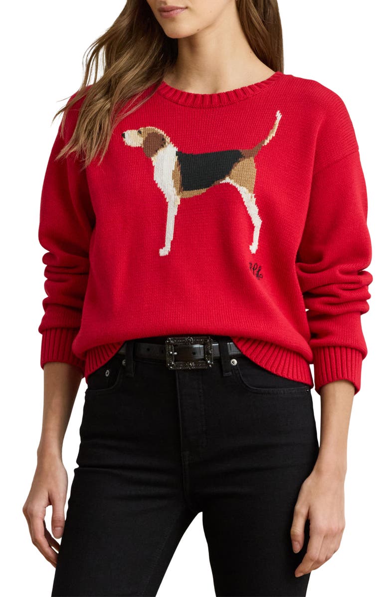 Lauren Ralph Lauren Intarsia Foxhound Sweater, Main, color, Ralph Red Multi