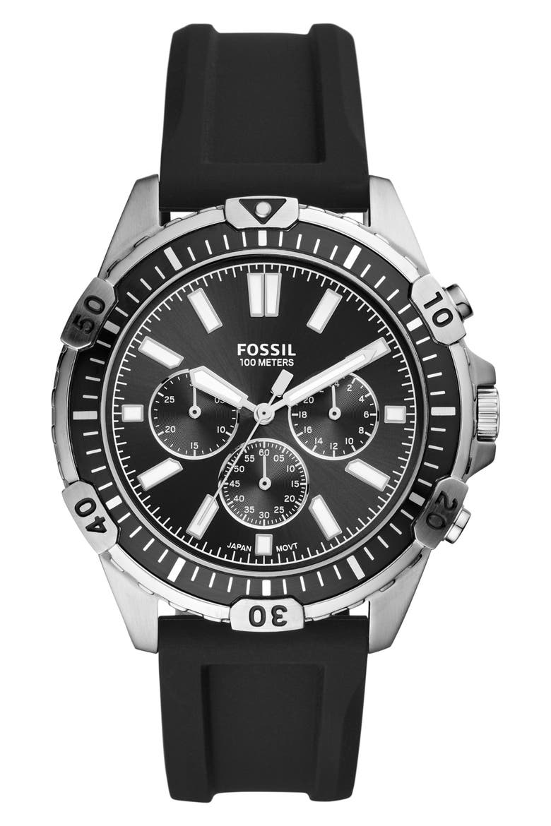 Garrett Chronograph Silicone Strap Watch, 44mm, Main, color, BLACK/ SILVER