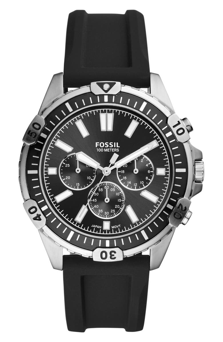 Fossil Garrett Chronograph Silicone Strap Watch, 44mm, Main, color, 