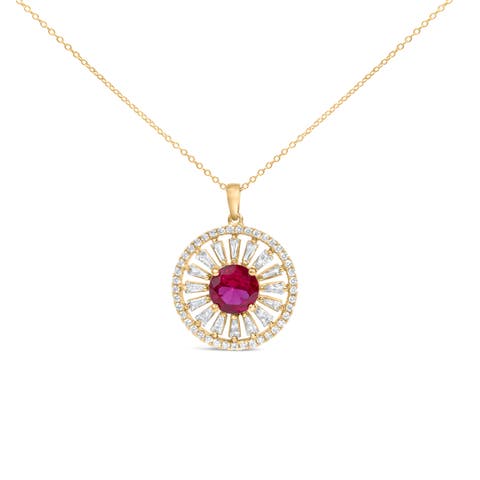 14k Yellow Gold Plated Silver Lab Grown Red Ruby And Diamond Sunburst Medallion Pendant Necklace