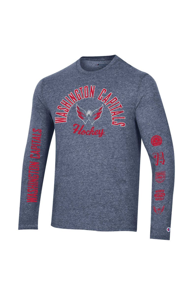 Champion Men's Champion Heather Navy Washington Capitals Multi-Logo Tri-Blend Long Sleeve T-Shirt, Alternate, color, Heather Navy