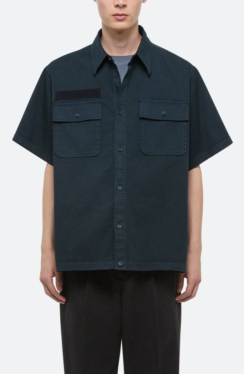 Helmut Lang GD Uniform Short Sleeve Stretch Twill Button Up Shirt, Main, color, Pine