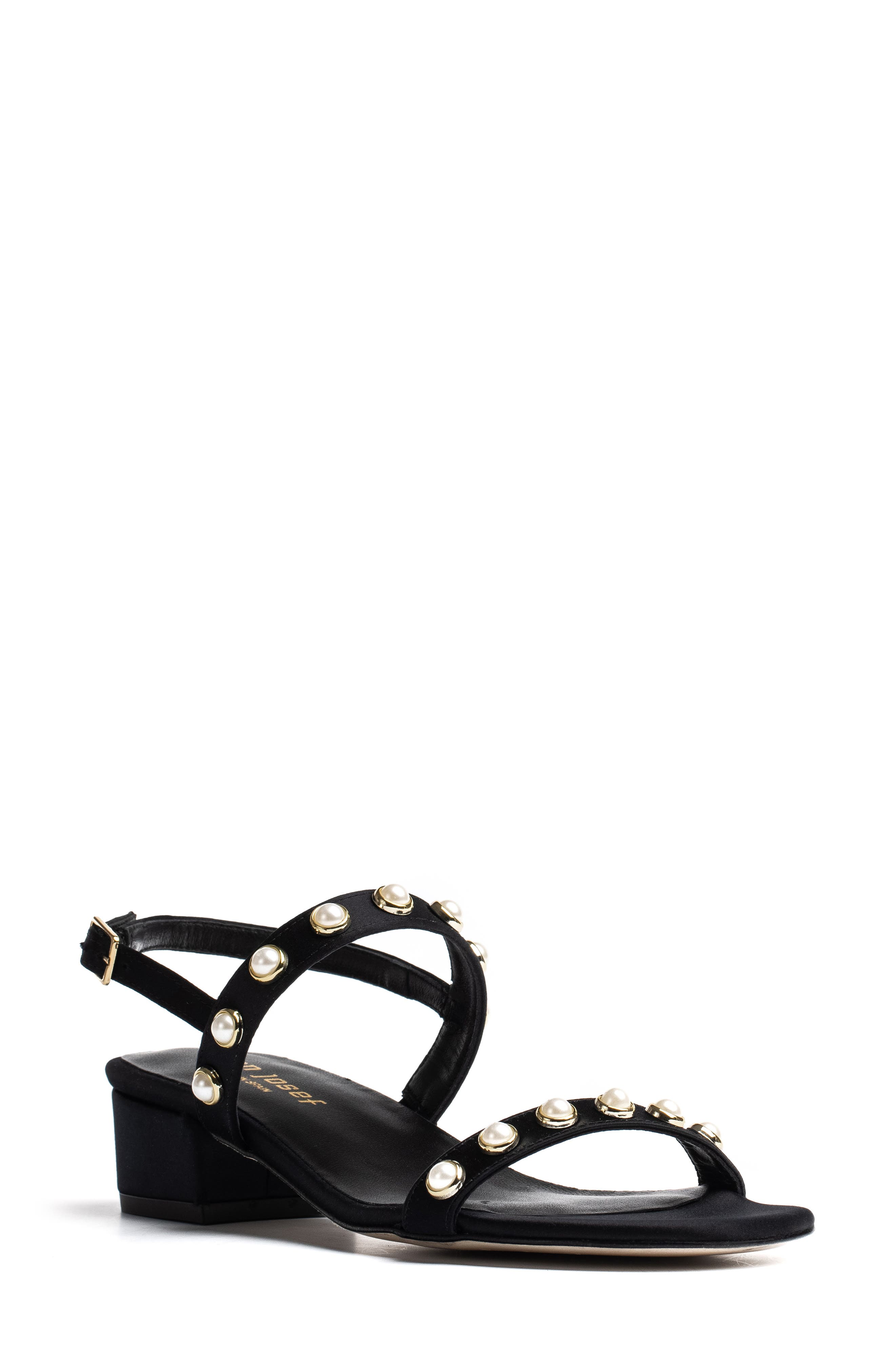 Jon Josef Sawyer Imitation Pearl Sandal, Main, color, Black Satin