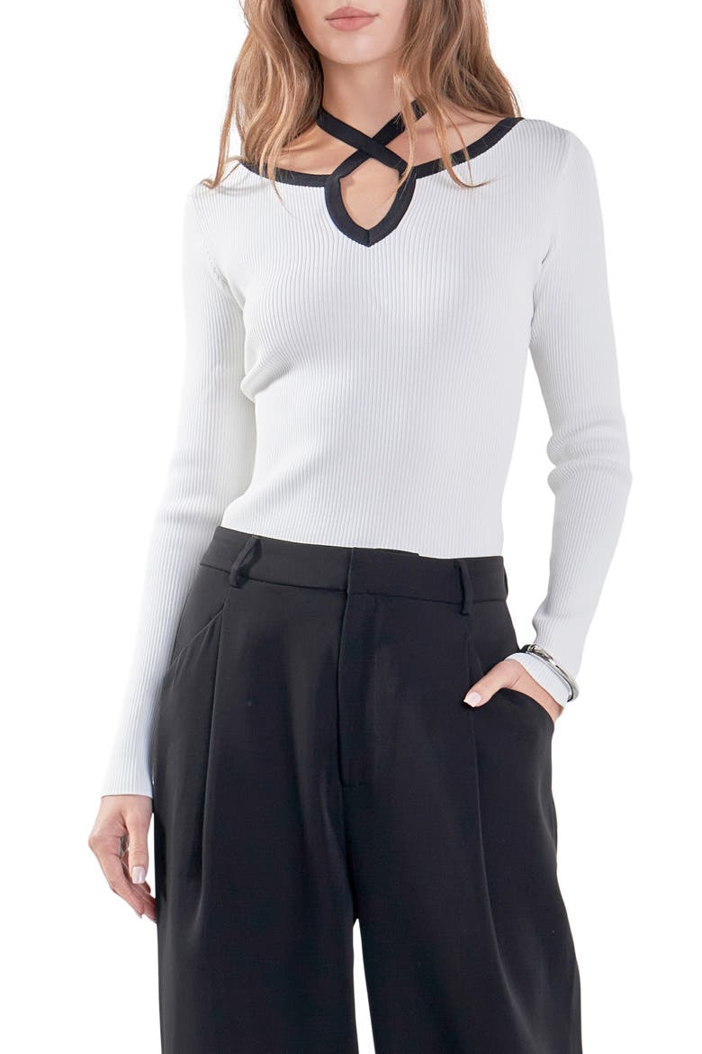 Cutout Cross Neck Long Sleeve Top, Main, color, IVORY/ BLACK