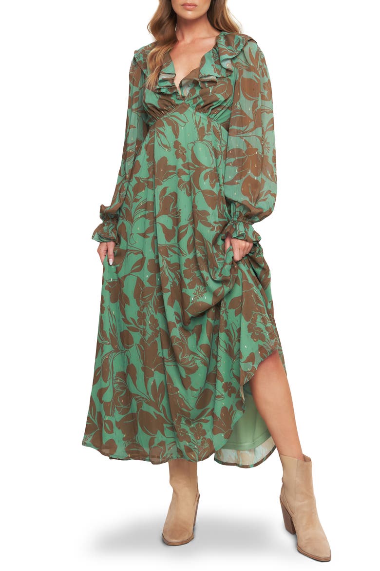 Metallic Print Chiffon Maxi Dress, Main, color, SAGE BROWN