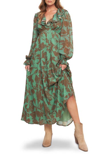 Flying Tomato Metallic Print Chiffon Maxi Dress In Green