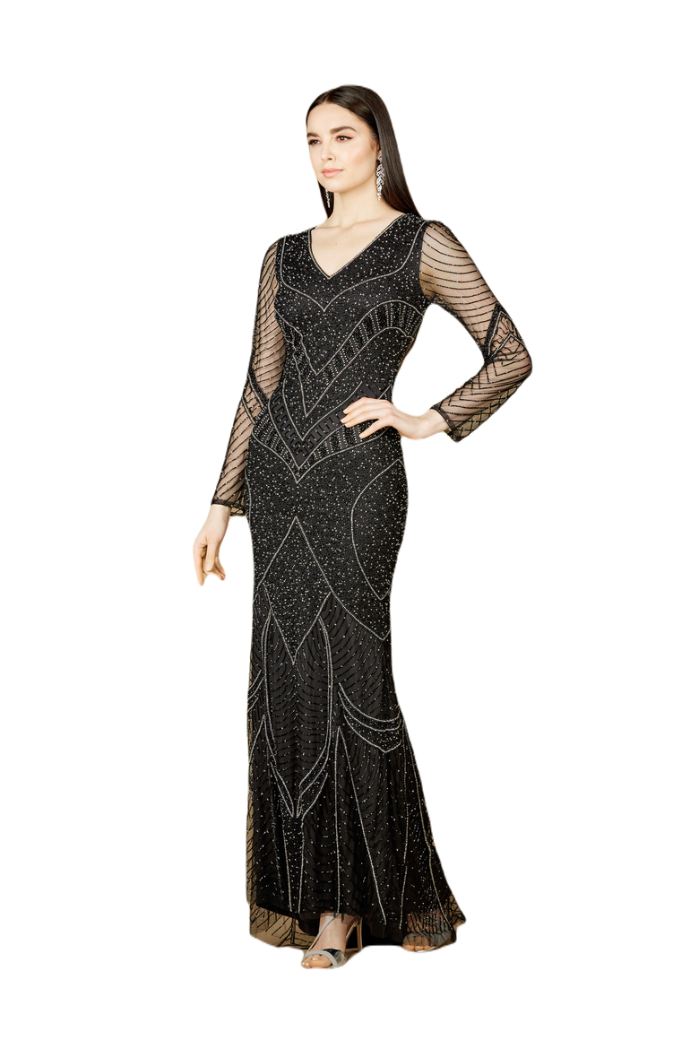 Long Sleeve Beaded Dresses with Sheer Sleeves, Main, color, Black