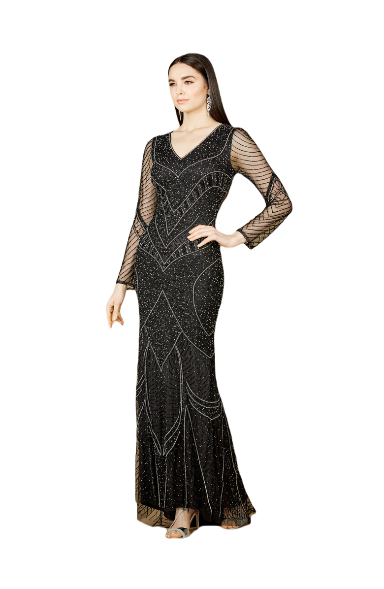LARA New York Long Sleeve Beaded Dresses with Sheer Sleeves, Main, color, Black