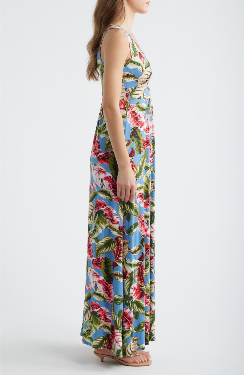 Loveappella Palm Print Sleeveless Jersey Maxi Dress, Alternate, color, Blue/ Coral