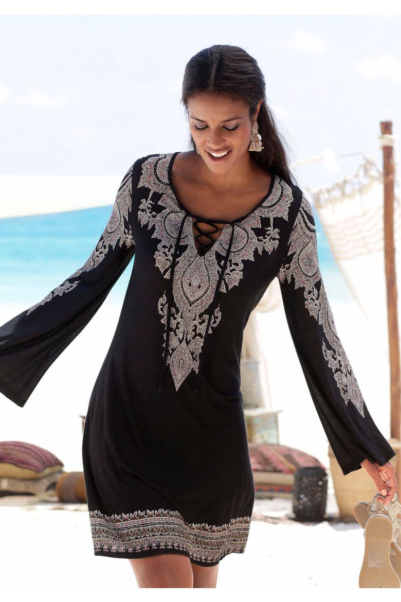 Lace Up Dress, Alternate, color, Black Printed