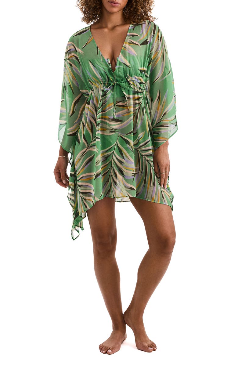 Mimi Flamingo Parker Print Long Sleeve Cover-Up Minidress, Main, color, Coastal Leaves