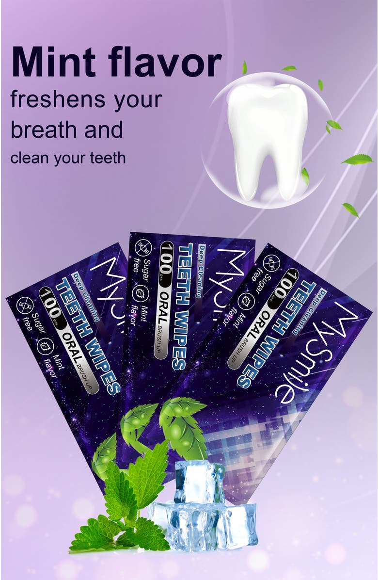 MySmile Teeth Wipes Disposal Finger Brush Deep Cleaning Teeth Wipes, Mint Flavor, Alternate, color, Purple