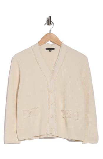 ADRIANNA PAPELL ADRIANNA PAPELL FRAYED WAFFLE KNIT CARDIGAN 