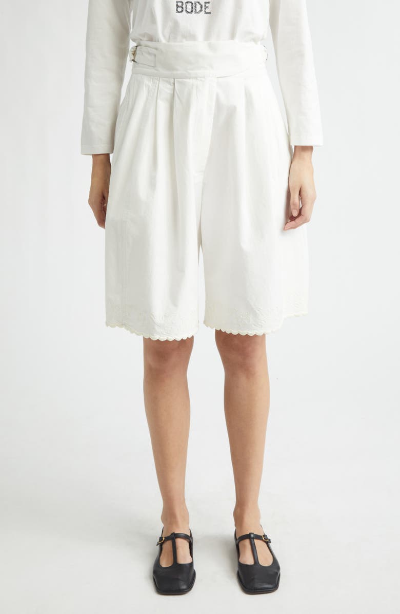 Bode Closerie Embroidered Pleated Cotton Shorts, Main, color, Ecru