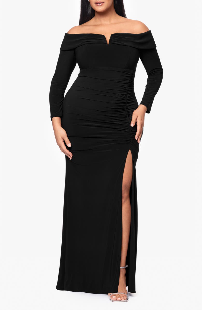 Xscape Evenings Ruched Off the Shoulder Long Sleeve Sheath Gown, Main, color,