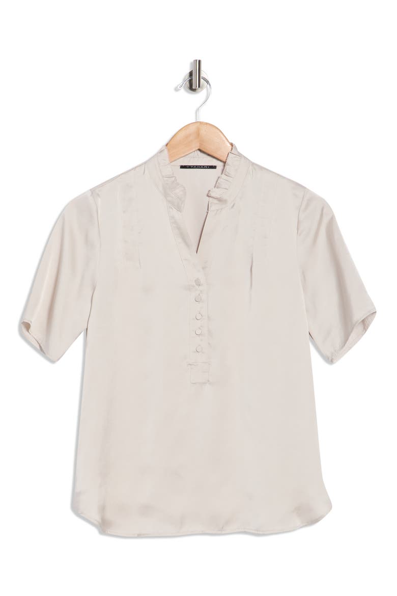 Ruffle Split Neck Short Sleeve Top, Alternate, color, TRANQUIL TAUPE