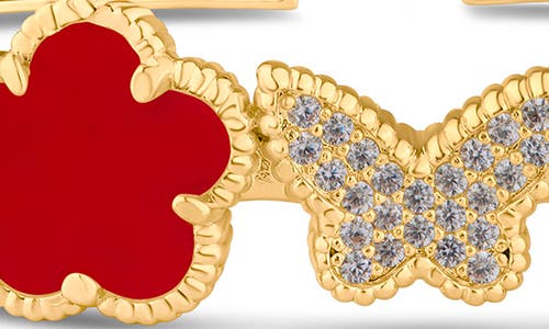 Cz By Kenneth Jay Lane Pavé Cubic Zirconia Butterfly & Red Clover Flexible Cuff Bracelet In Red/clear Gold