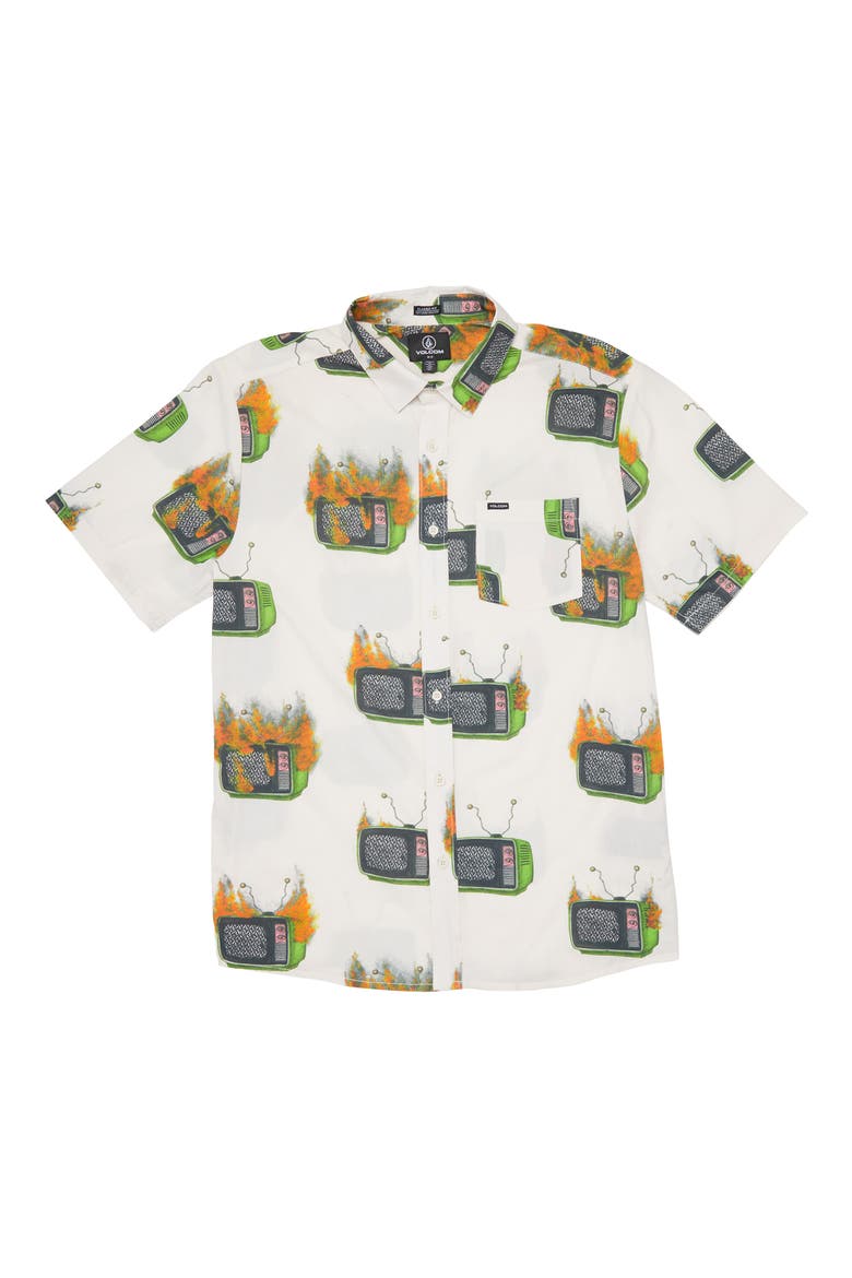 Justin Hager Print Short Sleeve Button-Up Shirt, Main, color, WHITECAP GREY