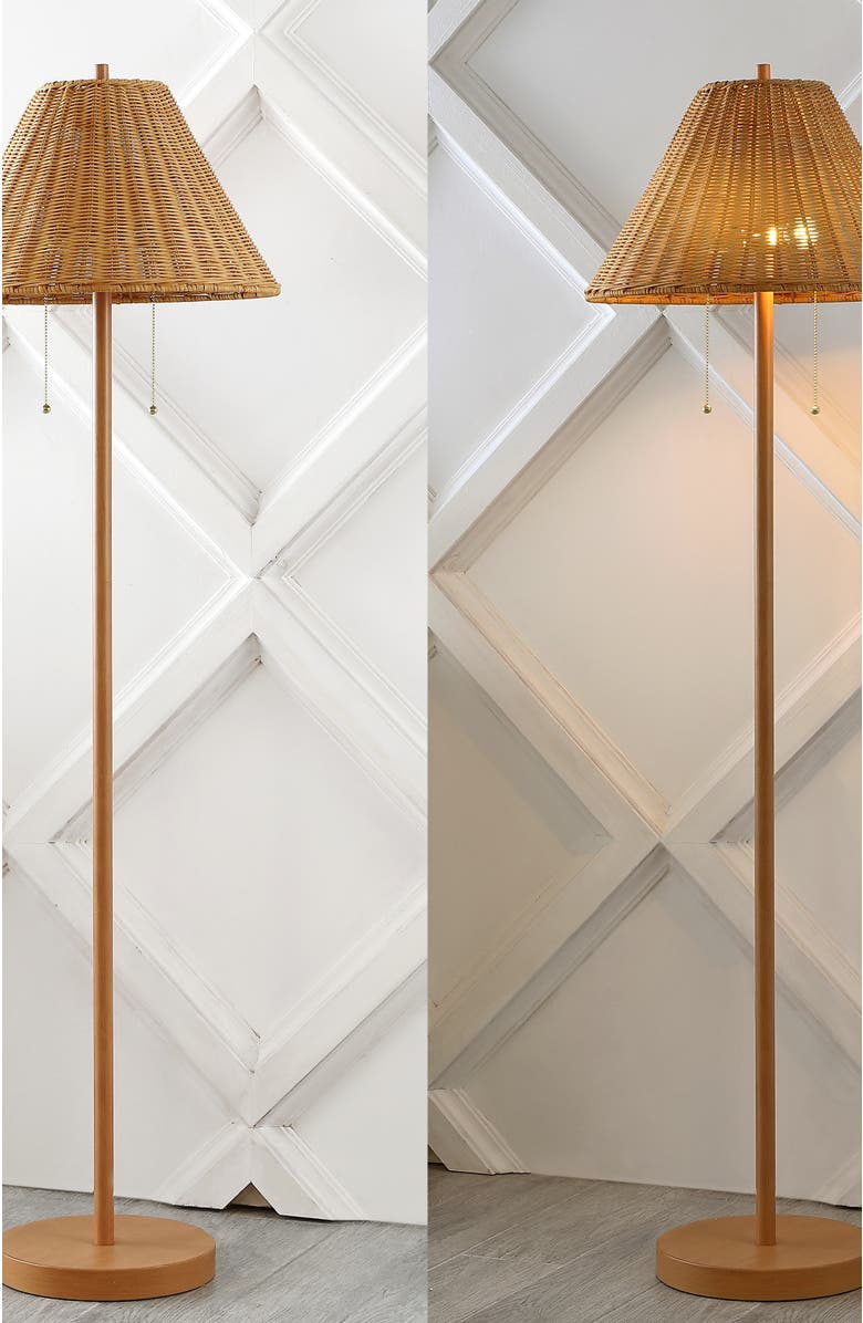 JONATHAN Y Nando 61" 2-Light Coastal Bohemian Iron/Rattan LED Floor Lamp with Pull-Chain, Brown Wood Finish, Alternate, color, Brown Wood Finish