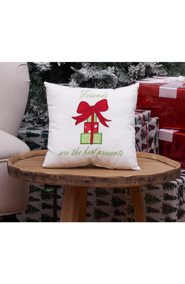 C&F Home "Friends Are The Best Presents" Small/Petite Christmas Present Embroidered Accent Pillow, 10" x 10", Alternate, color, White