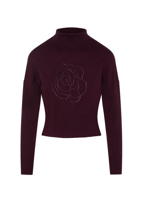 Cropped Embroidered Turtle Neck Knit Sweater
