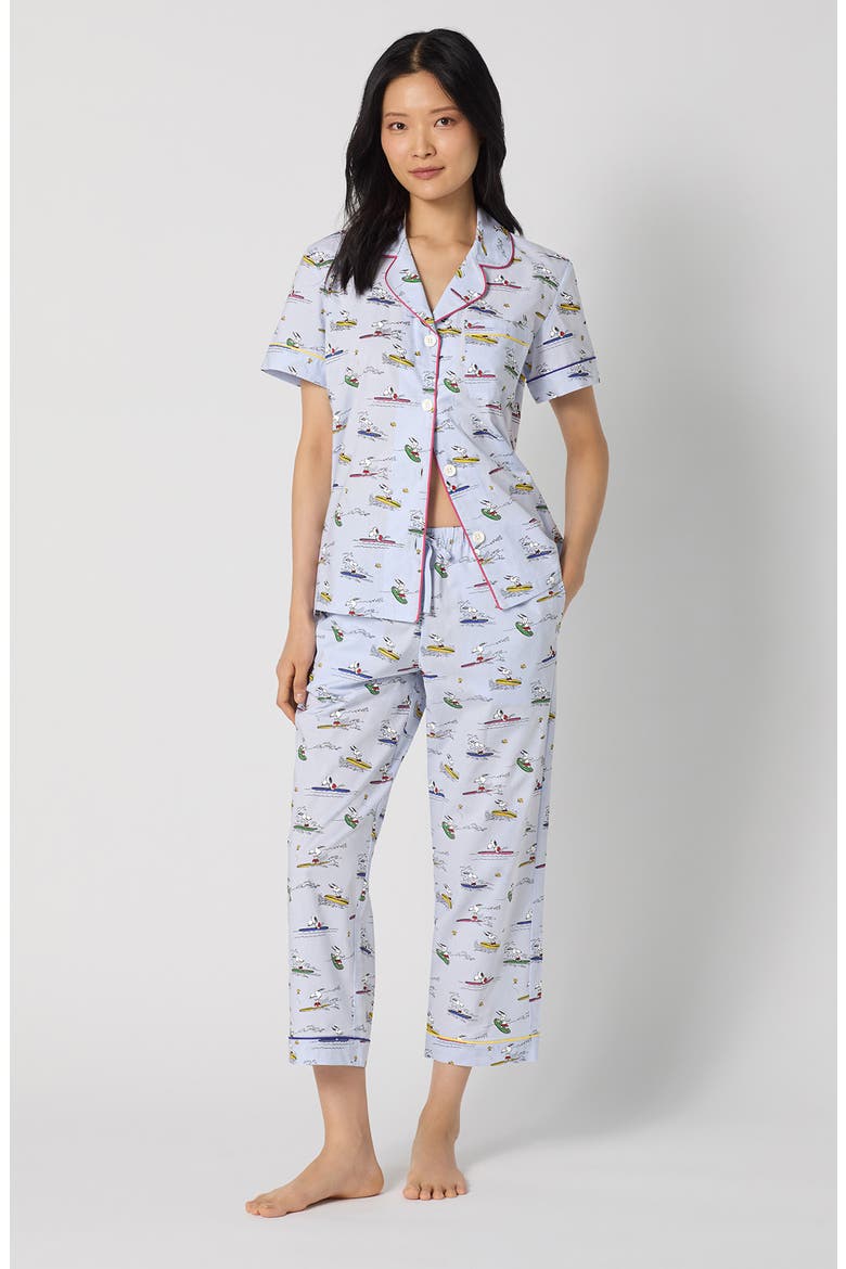Print Stretch Organic Cotton Jersey Crop Pajamas, Alternate, color, CATCH A WAVE SNOOPY