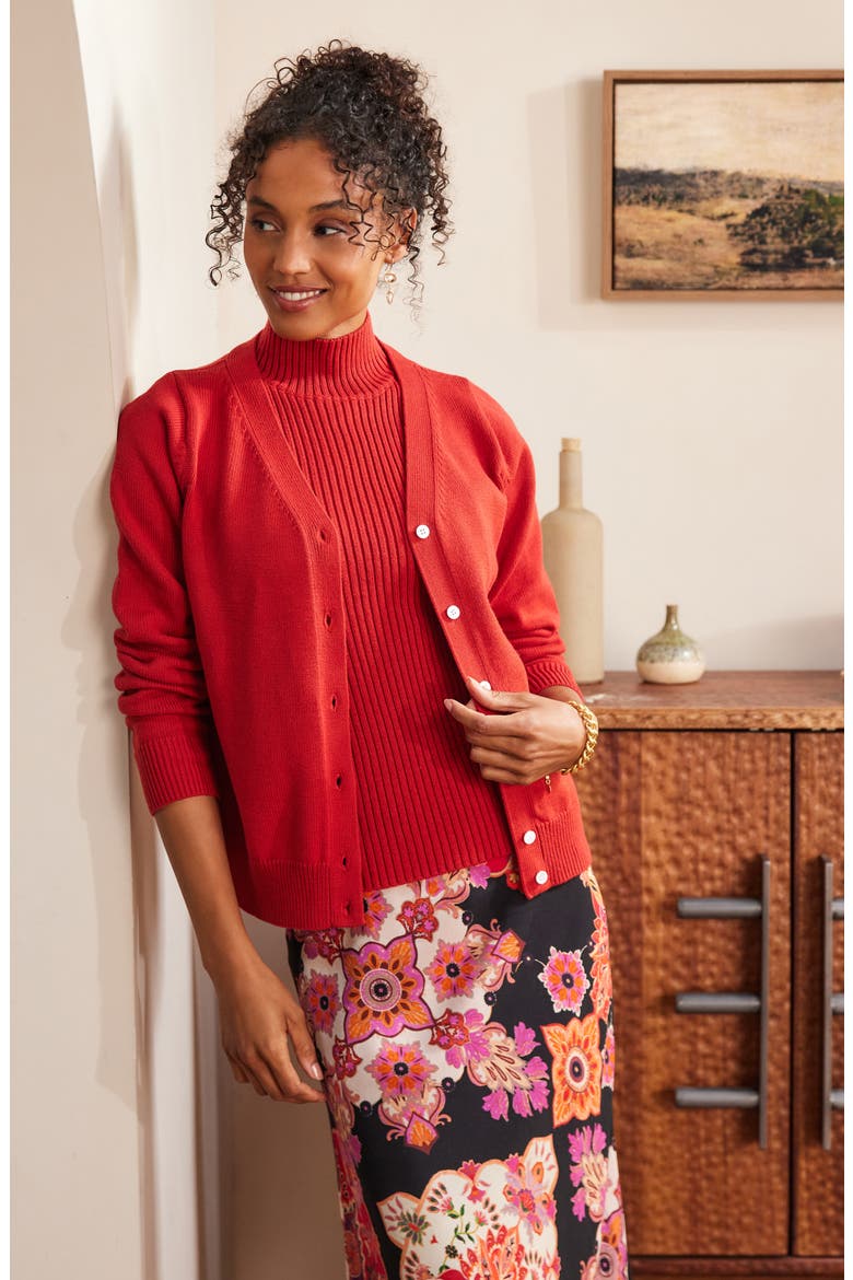 V-Neck Cardigan, Alternate, color, TOMATO RED