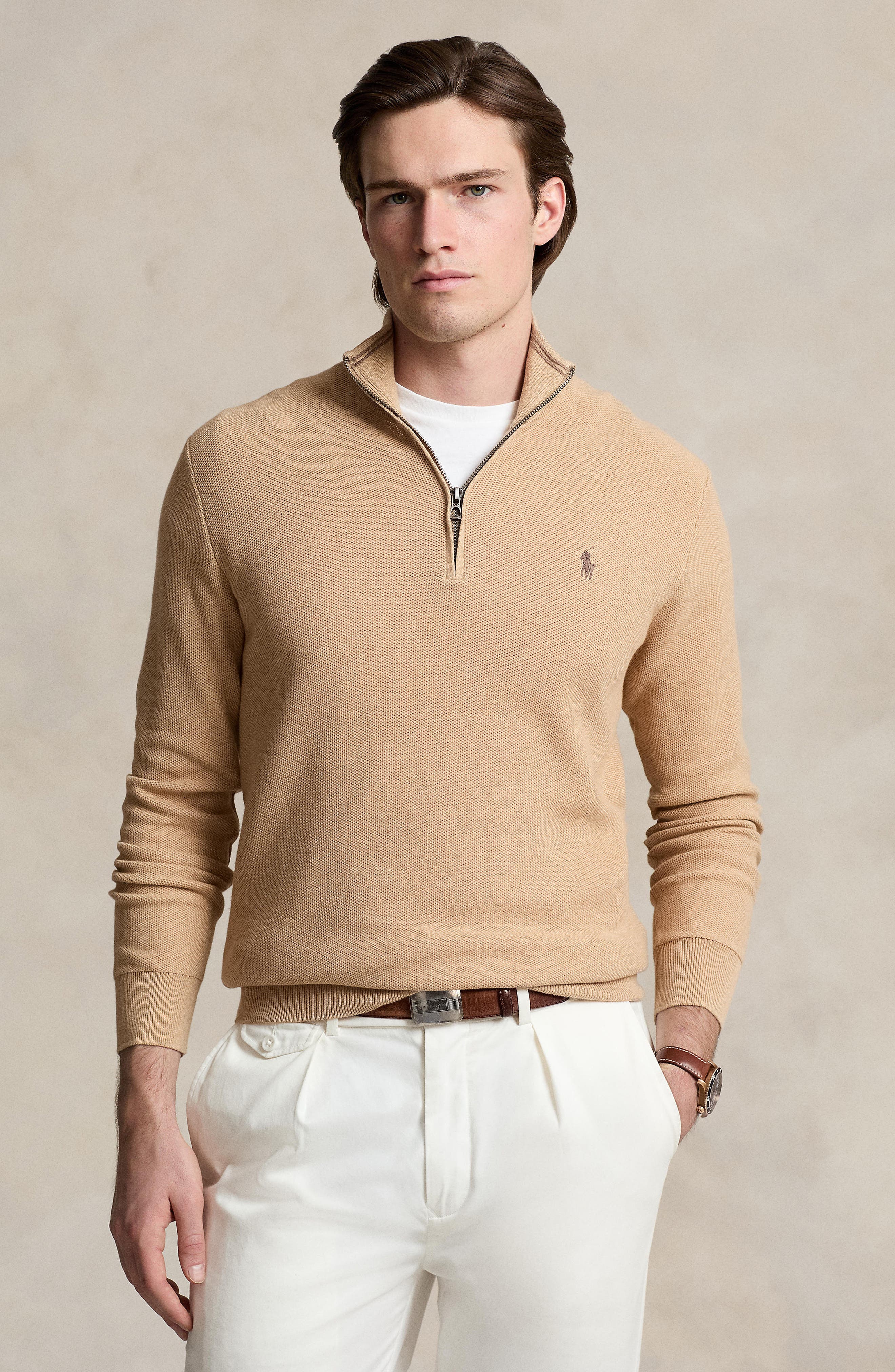 Polo Ralph Lauren Mesh Knit Cotton Quarter Zip Sweater (Men