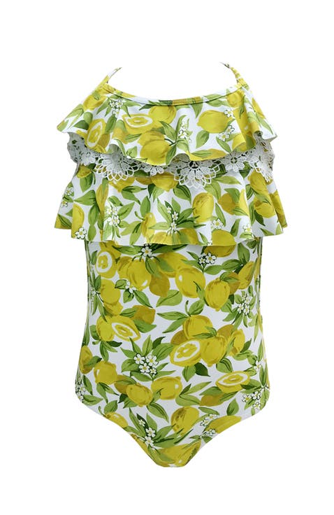 Tiered Lace  Lemon Print One Piece Swimsuit, Toddler, Little Kid & Big Kid