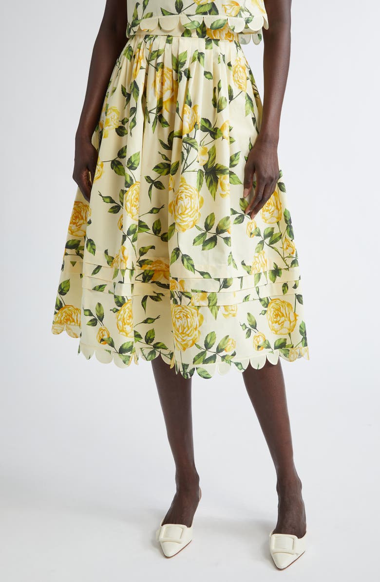 Oscar de la Renta English Rose Scalloped Midi Skirt, Main, color, 
