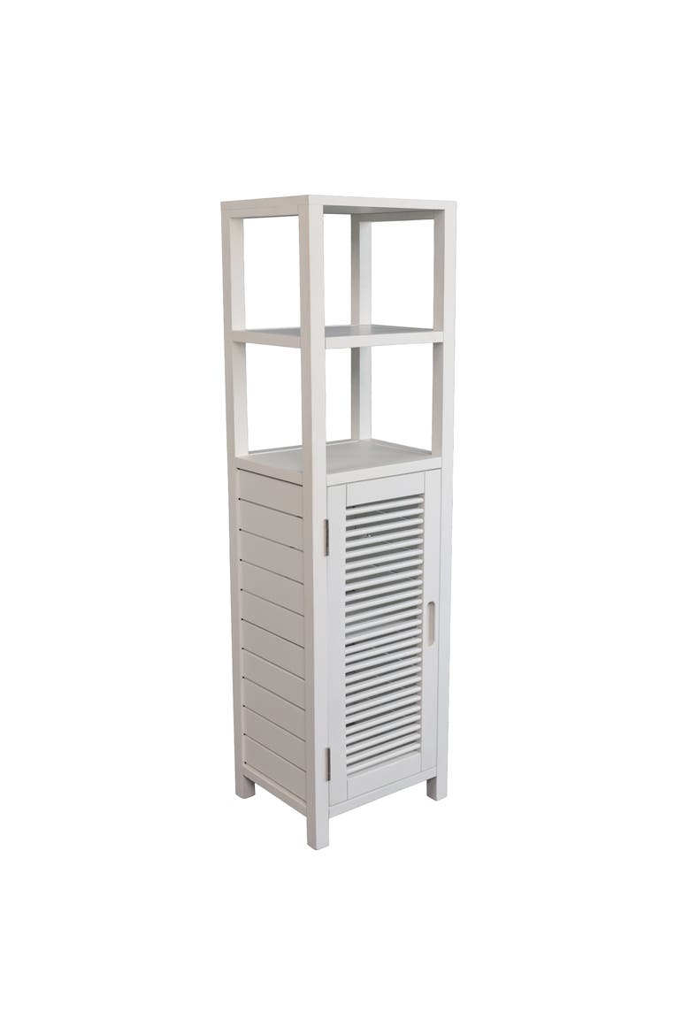 Solstice Handcrafted Pine Wood Bathroom Freestanding Floor Storage Cabinet with Louvered Door and 3-Tier Open Shelves, Main, color, White