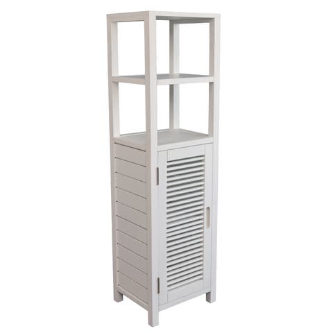 Solstice Handcrafted Pine Wood Bathroom Freestanding Floor Storage Cabinet with Louvered Door and 3-Tier Open Shelves