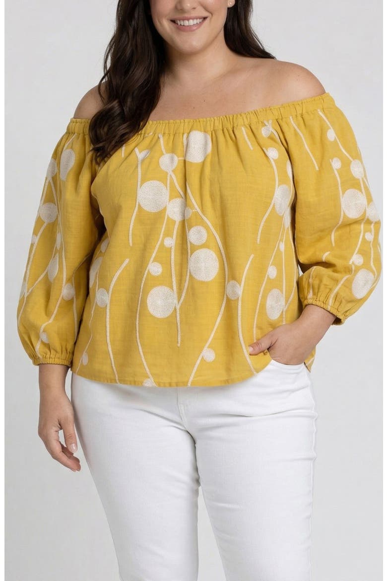 Embroidered Off the Shoulder Woven Cotton Top, Main, color, YELLOW W/ CREAM EMBROIDERY