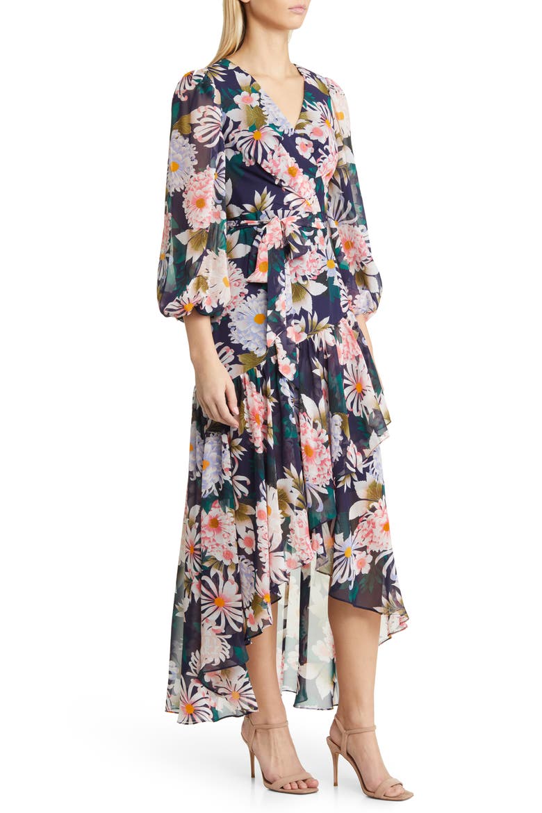 Floral Long Sleeve High-Low Faux Wrap Dress, Alternate, color, NAVY MULTI