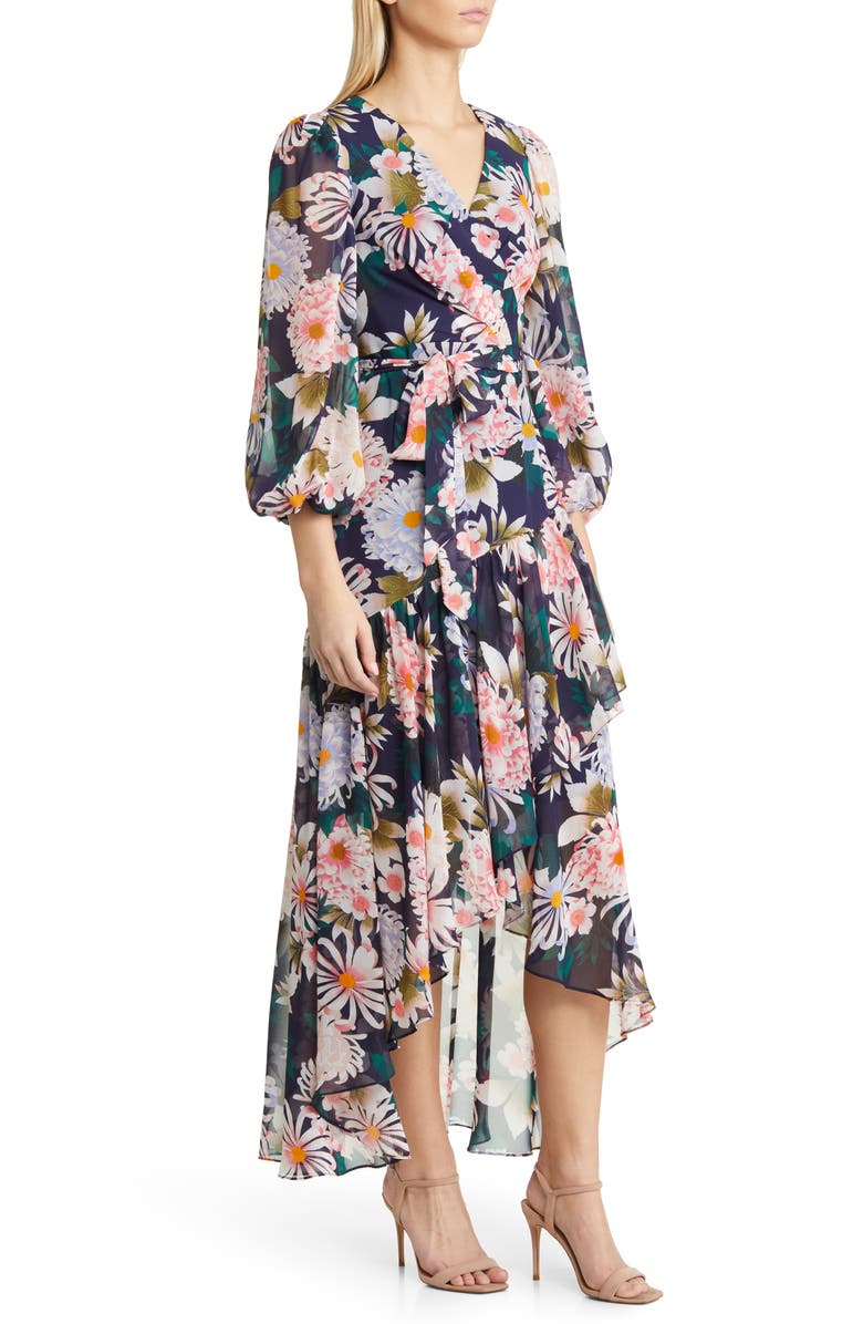 Eliza J Floral Long Sleeve High-Low Faux Wrap Dress, Alternate, color,