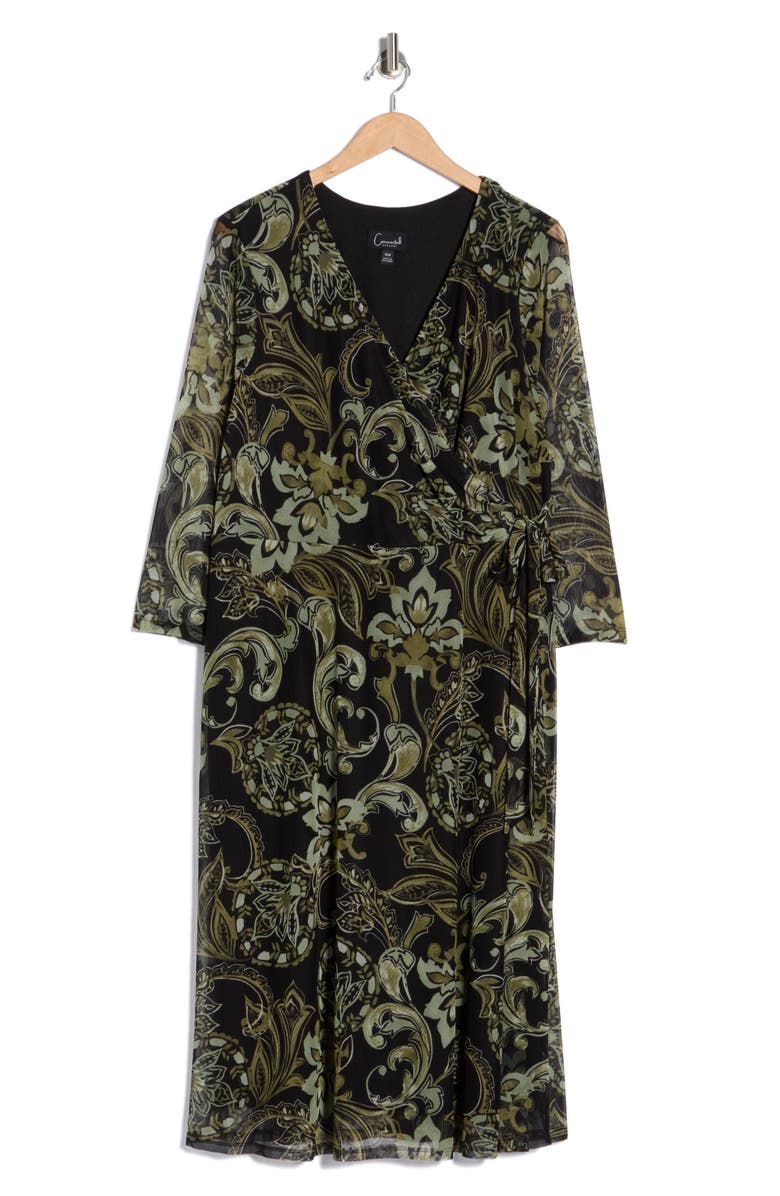Connected Apparel Paisley Mesh Faux Wrap Midi Dress, Main, color, Olive
