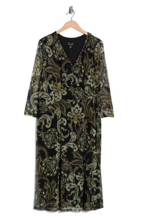 Paisley Mesh Faux Wrap Midi Dress (Plus)