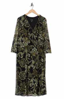 Connected Apparel Paisley Mesh Faux Wrap Midi Dress