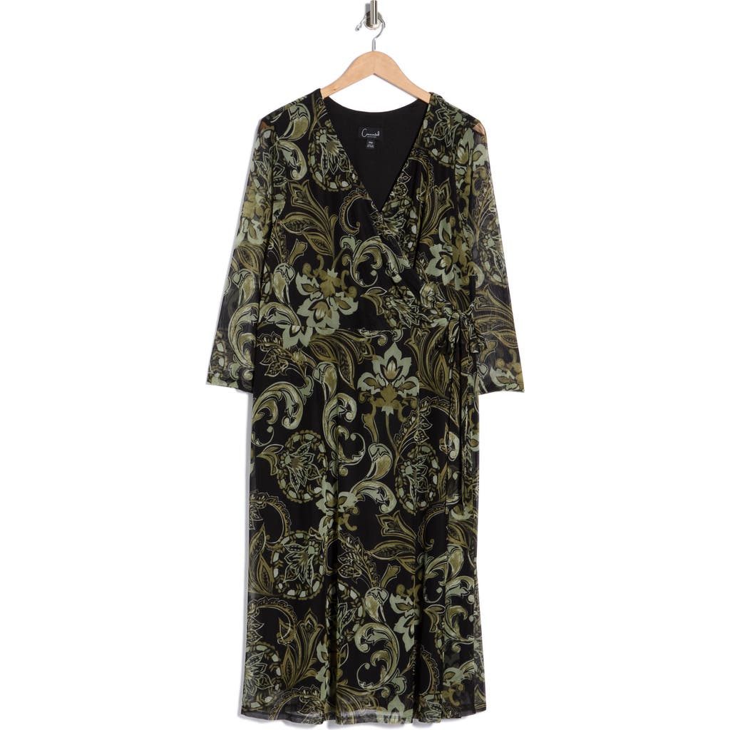 Connected Apparel Paisley Mesh Faux Wrap Midi Dress In Green