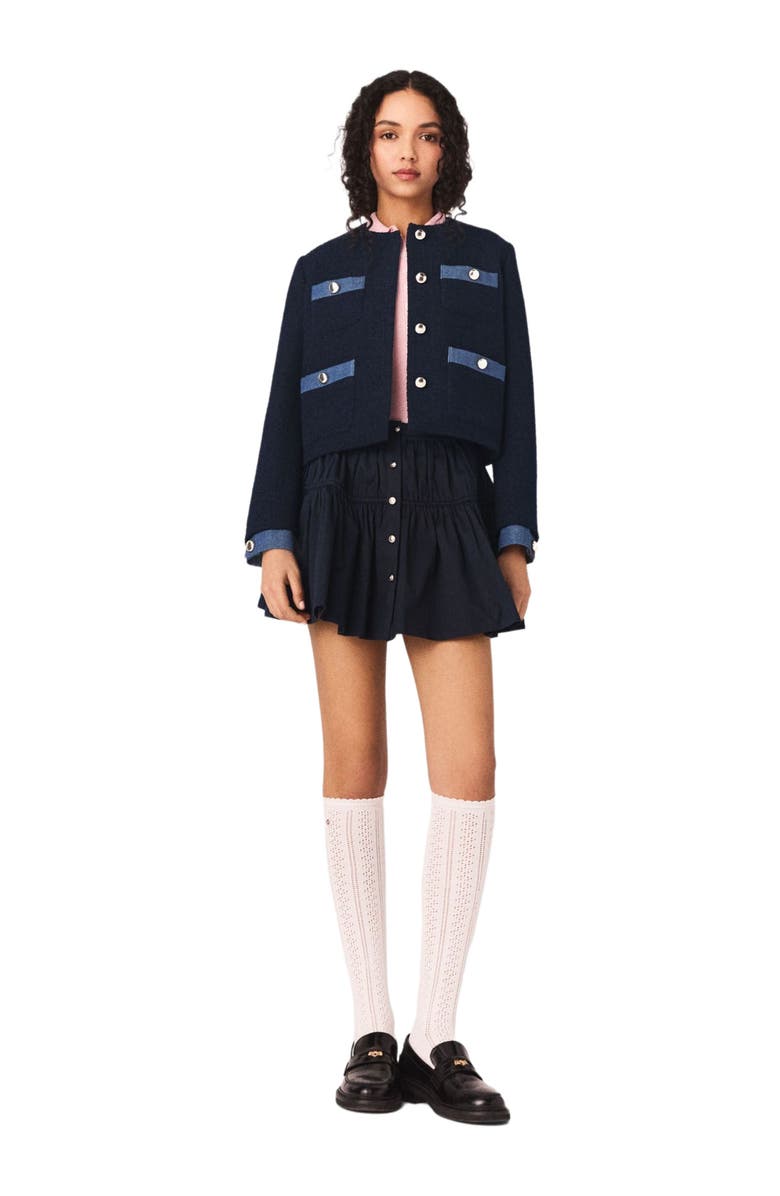 maje Tweed jacket with denim trim, Alternate, color, Navy