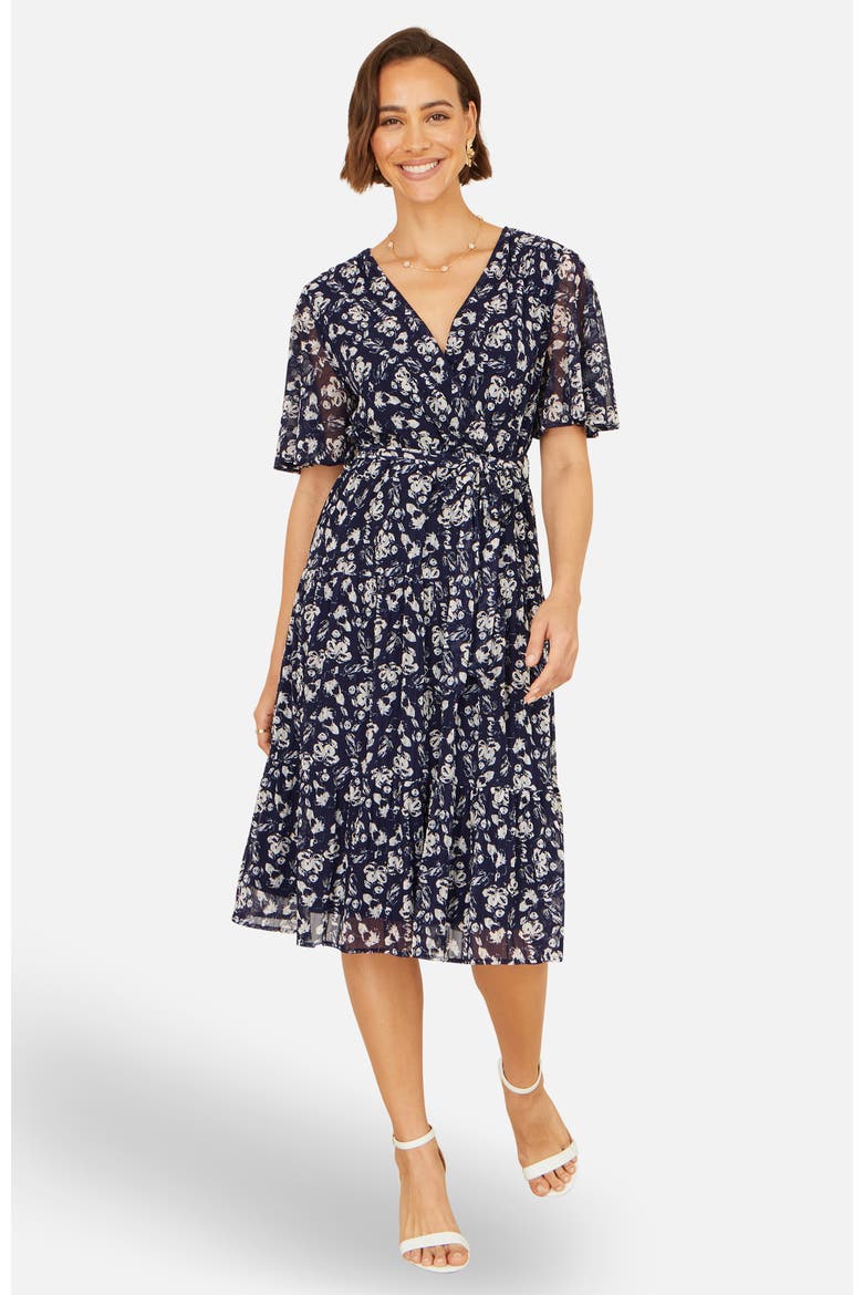 Floral Mesh Wrap Dress, Alternate, color, Navy