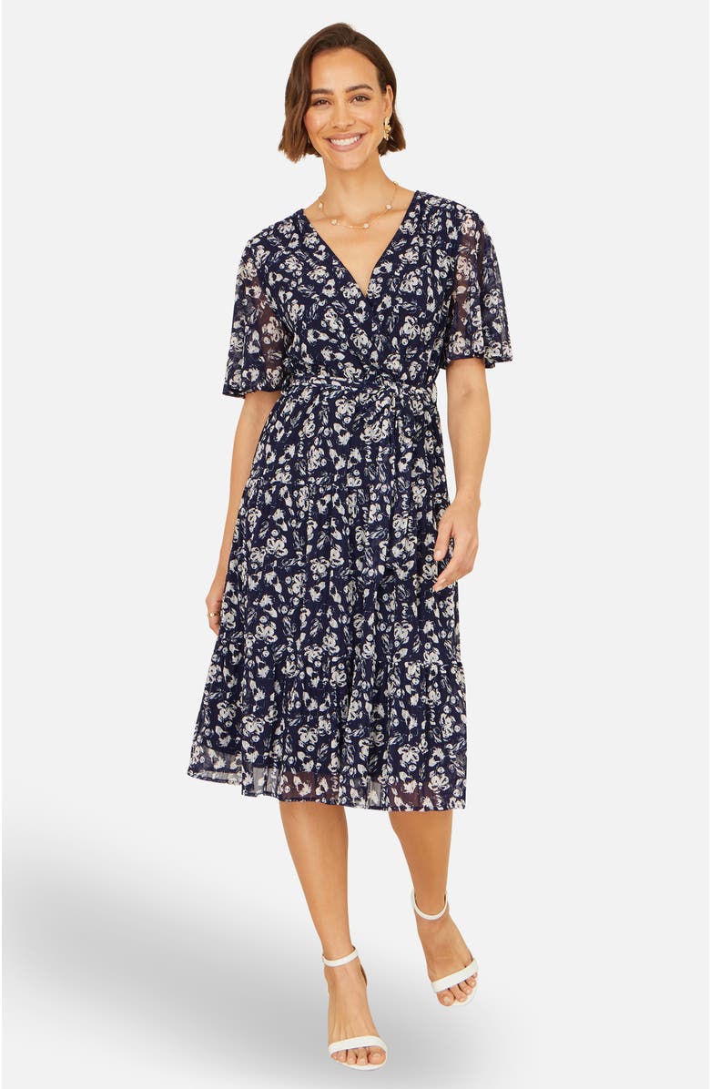 Yumi Floral Mesh Wrap Dress, Alternate, color, Navy