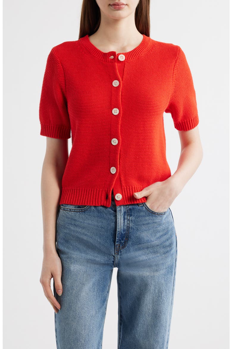 Elle Elbow Sleeve Linen & Cotton Button-Up Sweater, Main, color, TOMATO