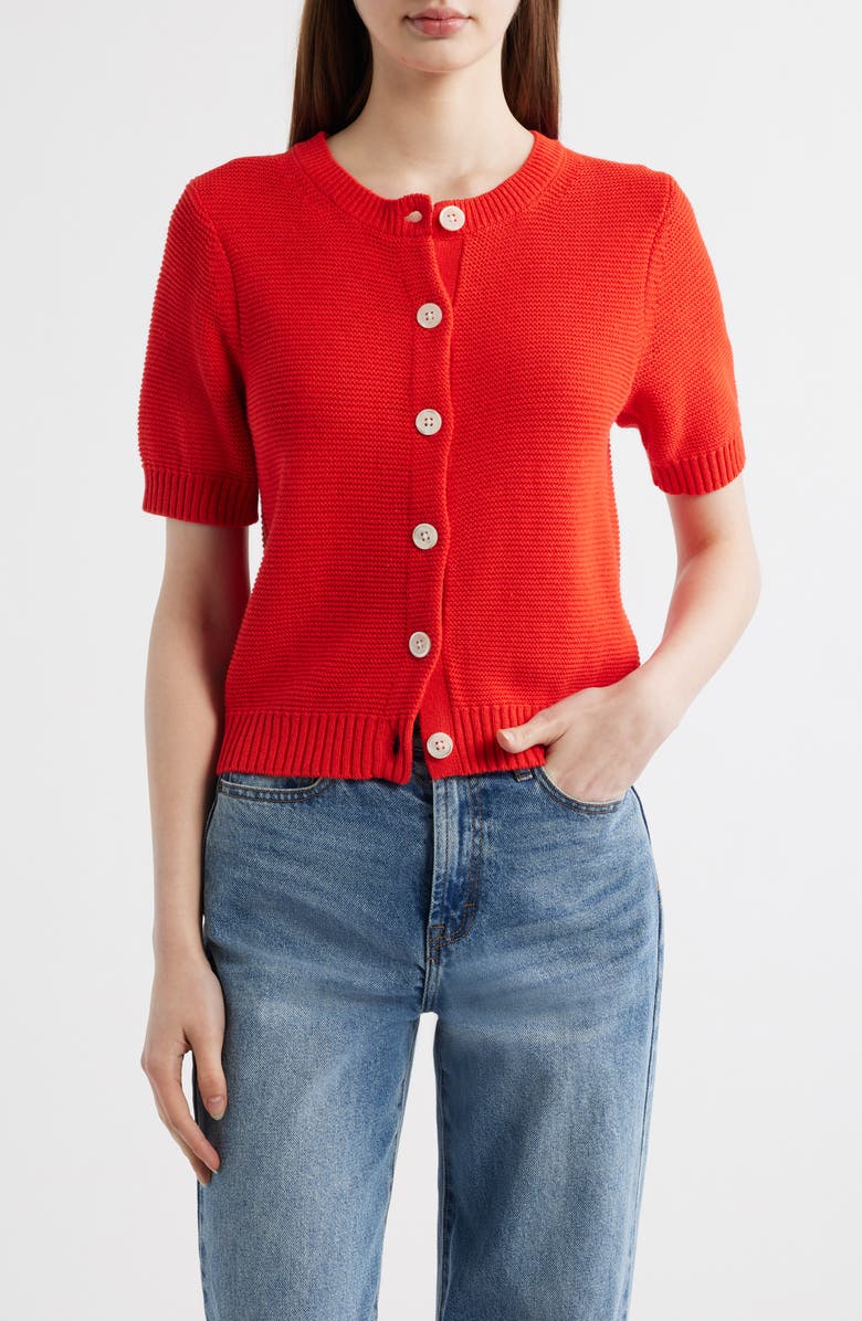 Alex Mill Elle Elbow Sleeve Linen & Cotton Button-Up Sweater, Main, color, Tomato