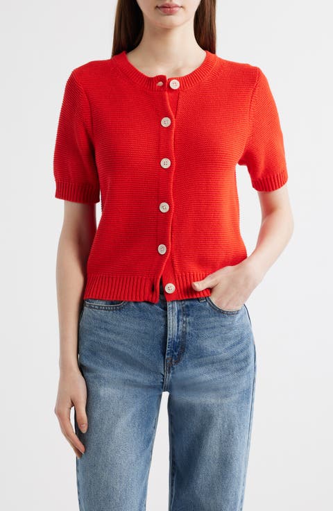 Elle Elbow Sleeve Linen & Cotton Button-Up Sweater