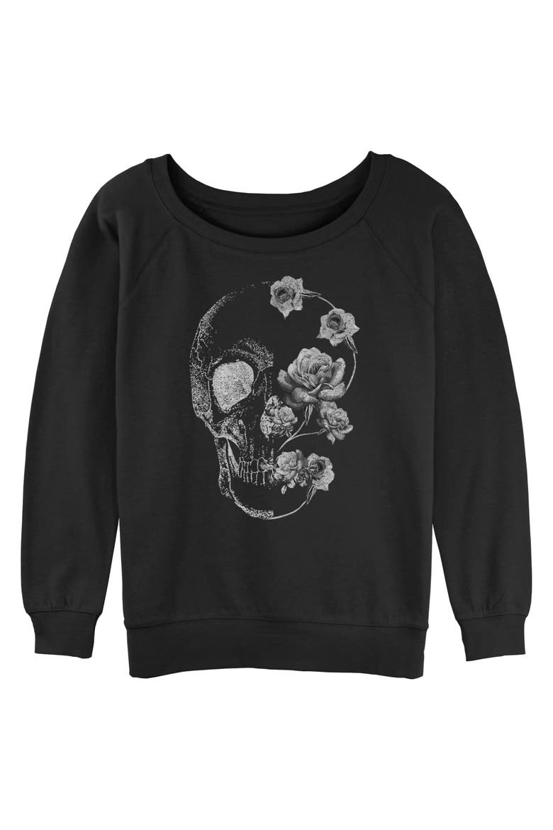 Junior's Lost Gods Distressed Skull Rose  Sweatshirt, Main, color, Black