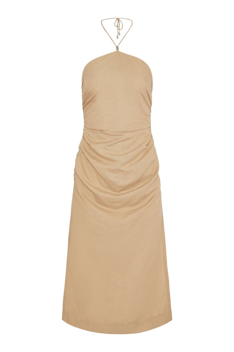 Air Linen Ruched Halter Dress, Alternate, color, JUTE
